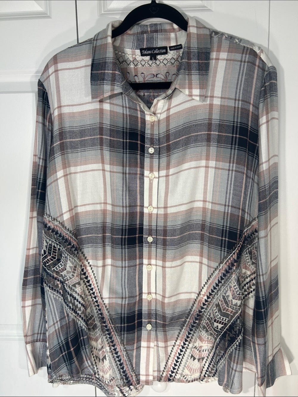 Tolani Plaid Button-Down Shirt in White, Gray & Brown
